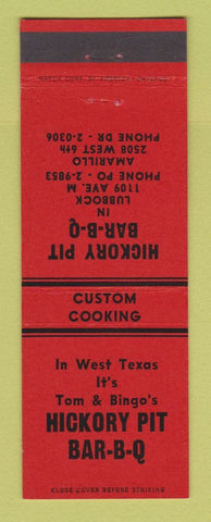Matchbook Cover - Hickroy Pit BBQ Tom & Bingo's Lubbock Amarillo TX