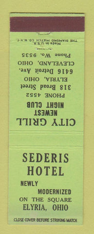 Matchbook Cover - Sederis Hotel Elyria OH City Grill Cleveland OH