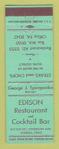 Matchbook Cover - Edison Restaurant Cocktail Bar Toledo OH