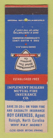 Matchbook Cover - Inplement Dealers Mutual Insurance Roy Caveness Raleigh NC