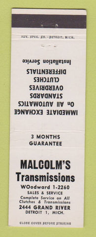 Matchbook Cover - Malcom's Transmissions Detroit MI