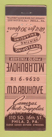 Matchbook Cover - MD Abuhove Photo Finishing feature Philadelphia PA