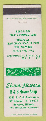 Matchbook Cover - Siems Flower B&B Shop Berwyn IL