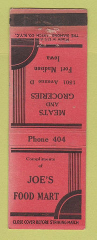 Matchbook Cover - Joe's Food Mart Grocery Fort Madison IA WEAR