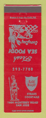 Matchbook Cover - Bold Knight Steaks Restaurant San Jose CA