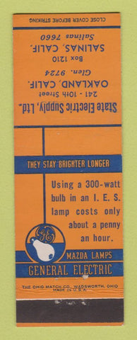 Matchbook Cover - GE General Electric Mazda Lightbulbs Salinas Oakland CA