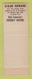 Matchbook Cover - Bud Cameron's Friendly Motors Used Cars