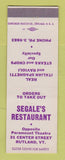 Matchbook Cover - Segale's Restaurant Rutland VT