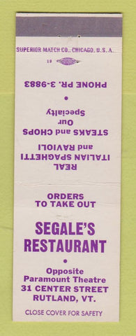 Matchbook Cover - Segale's Restaurant Rutland VT
