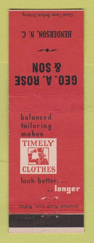 Matchbook Cover - Timely Men's Clothes Geo Rose Henderson NC