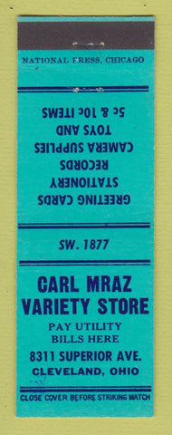 Matchbook Cover - Carl Mraz Variety Store Cleveland OH toys records