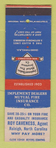Matchbook Cover - Implement Dealers Mutual Insurance Roy Caveness Raleigh NC