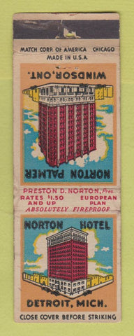 Matchbook Cover - Norton Palmer Hotel North Detroit MI Windsor ON WORN