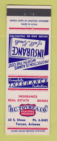 Matchbook Cover - HC Tovrea Insurance Real Estate Bonds Tucson AZ