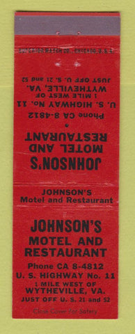 Matchbook Cover - Johnson's Motel Restaurant Wytheville VA