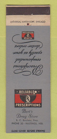 Matchbook Cover - Bert's Drug Store Hastings NE BC Burchess