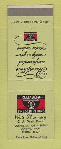 Matchbook Cover - Walt Pharmacy Drug Store Lansing MI