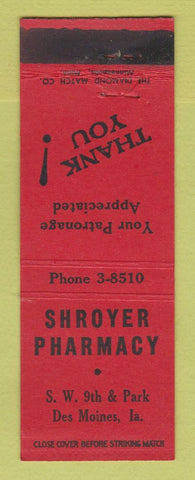 Matchbook Cover - Shroyer Pharmacy Drug Store Des Moines IA