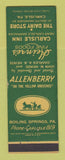 Matchbook Cover Allenberry Boiling Springs PA Heinze's Carlisle Inn PA WORN BACK
