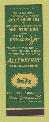 Matchbook Cover Allenberry Boiling Springs PA Heinze's Carlisle Inn PA WORN BACK