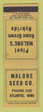 Matchbook Cover - Malone Seed Company Corn Atlantic IA Low phone # WEAR