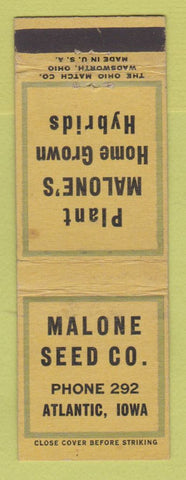 Matchbook Cover - Malone Seed Company Corn Atlantic IA Low phone # WEAR