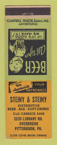 Matchbook Cover - Steiny & Steiny Ale Beer Soda Distributor Pittsburgh PA
