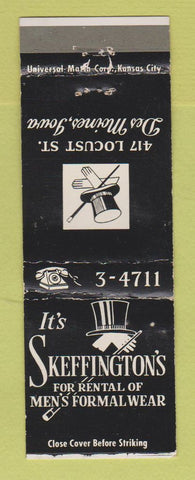 Matchbook Cover - Skeffington's Men's Formal Clothes Des Moines IA WEAR