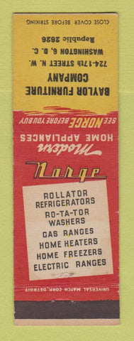 Matchbook Cover - Norge Appliances Baylor Furniture Washington DC