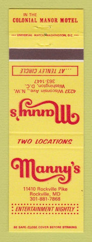 Matchbook Cover - Manny's Restaurant Rockville MD Washington DC