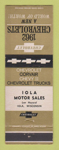 Matchbook Cover - 1962 Chevrolet Iola Motors Iola WI