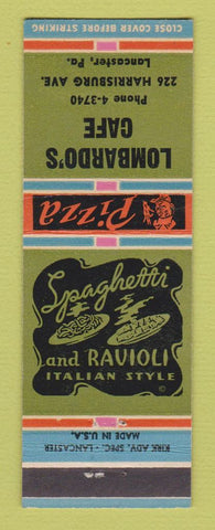 Matchbook Cover - Lombard's Cafe Lancaster PA Pizza