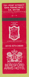 Matchbook Cover - Beresford Arms Hotel San Francisco CA White Horse