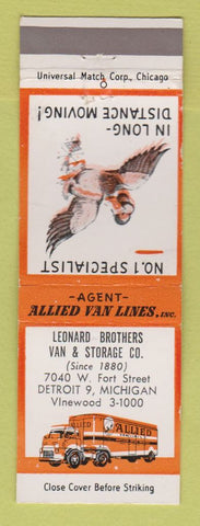 Matchbook Cover - Allied Van Lines Trucking Detroit MI Leonard Bros Van Storage