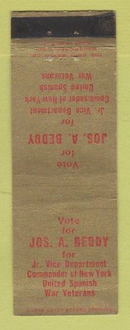 Matchbook Cover - Jos Beddy United Spanish War Vets Vice Commander NY WORN BACK