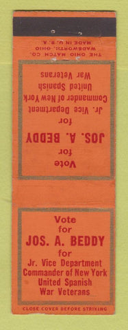 Matchbook Cover - Jos Beddy United Spanish War Vets Vice Commander NY WORN BACK