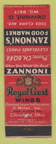 Matchbook Cover - Zannoni Royal Crest Wines Cleveland OH WEAR