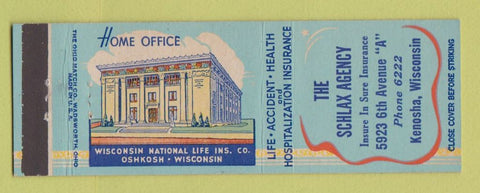 Matchbook Cover - Schlax Insurance Agency Kenosha WI