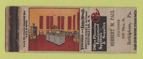 Matchbook Cover - Yawman Erbe Office Furniture Herbert Paul Bethlehem PA WORN