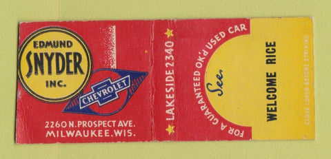Matchbook Cover - Edmund Snyder Chevrolet Milwaukee WI WORN BOBTAIL