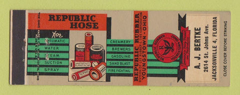 Matchbook Cover - Republic Rubber Hose AJ Bertke Jacksonville FL Youngstown OH