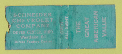 Matchbook Cover - Schneider Chevrolet Dover Center OH BOBTAIL WORN