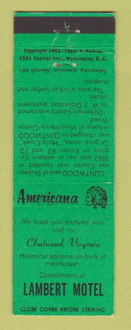 Matchbook Cover - Lambert Motel Clintwood VA Perkins Americana GREEN