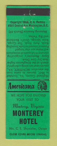 Matchbook Cover - Monterey Hotel Monterey VA Perkins Americana GREEN