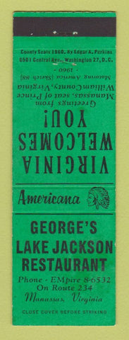 Matchbook Cover Jackson Lake Restaurant Manassas VA WEAR Perkins Americana GREEN