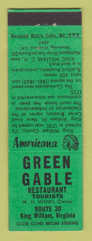 Matchbook Cover - Green Gable Restaurant King William VA Perkins Americana GREEN