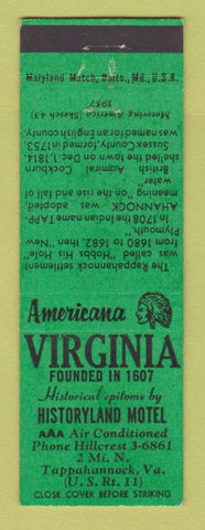 Matchbook Cover - Historyland Motel Tappahannock VA Perkins Americana GREEN