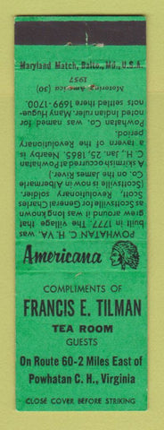 Matchbook Cover - Francis Tilman Tea Room Powhatan VA Perkins Americana GREEN