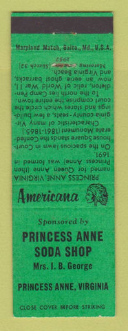 Matchbook Cover Princess Anne Soda Shop Princess Anne VA Perkins Americana GREEN