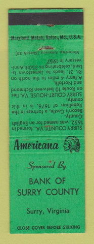 Matchbook Cover - Bank of Surry County VA Perkins Americana GREEN